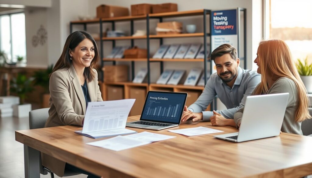 A welcoming office environment showcasing a professional consultation on moving estimates. In the foreground, a smiling businesswoman in a smart casual outfit discusses with a young couple, who appear engaged and curious. They are seated at a sleek wooden table covered with neatly organized documents and a laptop displaying a clear pricing chart. In the background, a large window lets in soft, natural light, creating an inviting atmosphere. Shelves lined with moving supplies and brochures about pricing transparency add depth. The scene conveys trust, professionalism, and clarity, with warm tones and a focus on collaboration. Capture this in a bright, well-lit setting with a slight depth of field to emphasize the subjects while softly blurring the surroundings. A welcoming office environment showcasing a professional consultation on moving estimates. In the foreground, a smiling businesswoman in a smart casual outfit discusses with a young couple, who appear engaged and curious. They are seated at a sleek wooden table covered with neatly organized documents and a laptop displaying a clear pricing chart. In the background, a large window lets in soft, natural light, creating an inviting atmosphere. Shelves lined with moving supplies and brochures about pricing transparency add depth. The scene conveys trust, professionalism, and clarity, with warm tones and a focus on collaboration. Capture this in a bright, well-lit setting with a slight depth of field to emphasize the subjects while softly blurring the surroundings.