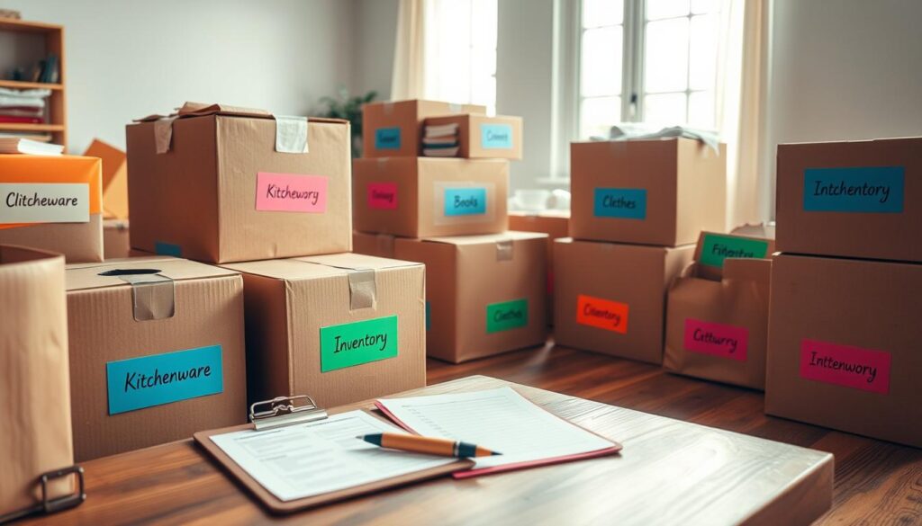 A well-organized and vibrant moving scene capturing various boxes labeled for inventory, arranged neatly in a well-lit, spacious room. In the foreground, focus on several large cardboard boxes with clear, colorful labels indicating their contents—items like kitchenware, books, and clothes. In the middle ground, include a sturdy wooden table where a clipboard and a pen are placed, showing a detailed inventory list. The background features a window with soft, natural light pouring in, enhancing the cozy atmosphere. The overall mood is organized and proactive, emphasizing preparation and efficiency. Use a slight overhead angle to provide a comprehensive view of the labeled boxes and inventory setup, showcasing a planned and thoughtful moving strategy. A well-organized and vibrant moving scene capturing various boxes labeled for inventory, arranged neatly in a well-lit, spacious room. In the foreground, focus on several large cardboard boxes with clear, colorful labels indicating their contents—items like kitchenware, books, and clothes. In the middle ground, include a sturdy wooden table where a clipboard and a pen are placed, showing a detailed inventory list. The background features a window with soft, natural light pouring in, enhancing the cozy atmosphere. The overall mood is organized and proactive, emphasizing preparation and efficiency. Use a slight overhead angle to provide a comprehensive view of the labeled boxes and inventory setup, showcasing a planned and thoughtful moving strategy.