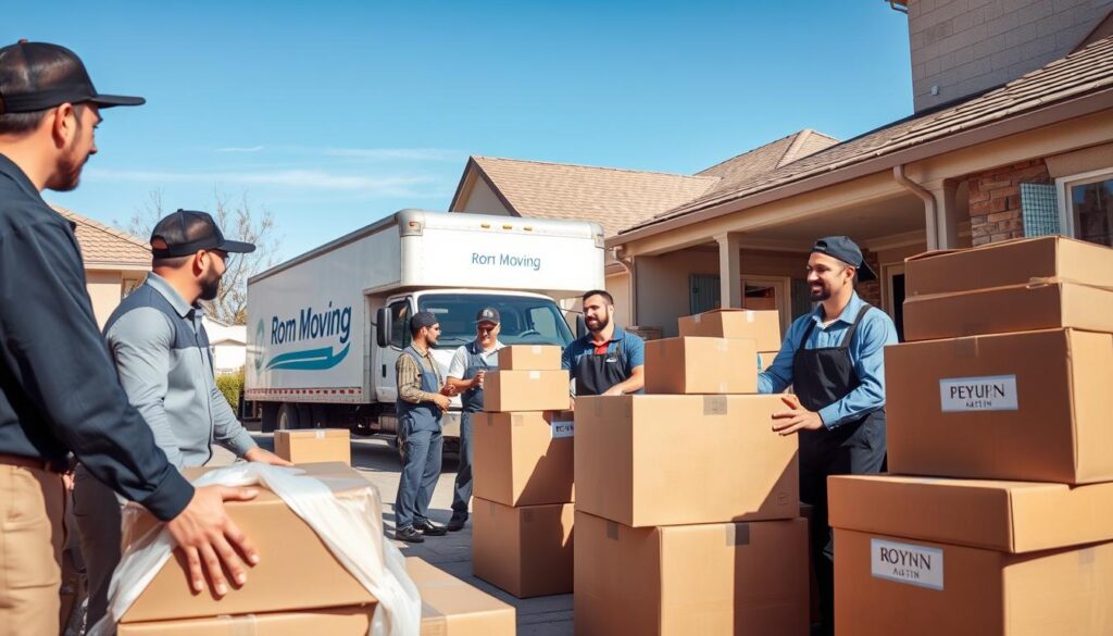 A well-organized moving process scene, showcasing a professional moving team in smart uniforms, efficiently packing boxes at a cozy home in Austin. The foreground features a diverse group of movers carefully wrapping furniture and stacking boxes labeled with destinations. In the middle, a moving truck with the company logo is parked, ready for loading, while a friendly customer discusses details with a team leader. In the background, a clear blue sky indicates an ideal day for moving, with sunlight casting soft shadows. The setting should evoke a sense of trust and professionalism, emphasizing the smooth transition from one home to another. Use a warm, inviting color palette and a slightly elevated angle to capture the action dynamically.
