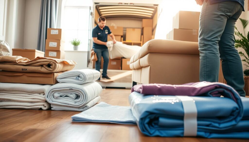 A well-organized moving scene capturing "Move-Day Protection" supplies in an Austin residential setting. In the foreground, a selection of moving supplies, including sturdy moving blankets, bubble wrap, and floor protection pads, are neatly arranged on a wooden floor. The middle ground features a professional mover, dressed in a branded polo shirt and work pants, carefully wrapping a delicate piece of furniture in thick padding. In the background, a partially open moving truck reveals packed boxes labeled for easy identification. Soft, natural daylight streams through a nearby window, casting gentle shadows and emphasizing a calm, organized atmosphere. The scene conveys a sense of preparedness and professionalism, highlighting the importance of protecting belongings during relocation.