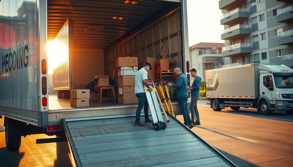 A well-organized moving scene depicting various sizes of trucks and moving equipment, set outdoors in an urban environment. In the foreground, a large moving truck with a ramp, showcasing its spacious interior filled with boxes and furniture. In the middle ground, a medium-sized truck preparing for loading, with professional movers in modest casual clothing efficiently organizing equipment such as dollies, straps, and blankets. In the background, a smaller truck parked beside a residential building, ready for a swift move. Golden hour lighting casts soft shadows, enhancing the atmosphere of professionalism and teamwork. The overall mood conveys a sense of diligence and readiness for a smooth relocation experience. A well-organized moving scene depicting various sizes of trucks and moving equipment, set outdoors in an urban environment. In the foreground, a large moving truck with a ramp, showcasing its spacious interior filled with boxes and furniture. In the middle ground, a medium-sized truck preparing for loading, with professional movers in modest casual clothing efficiently organizing equipment such as dollies, straps, and blankets. In the background, a smaller truck parked beside a residential building, ready for a swift move. Golden hour lighting casts soft shadows, enhancing the atmosphere of professionalism and teamwork. The overall mood conveys a sense of diligence and readiness for a smooth relocation experience.