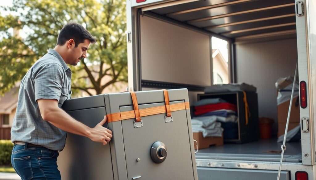 A well-organized moving scene focusing on gun safes being carefully loaded onto a moving truck. In the foreground, a professional mover, dressed in a modest casual attire, is strategically securing a heavy gun safe with padding and straps to prevent damage. In the middle ground, a well-equipped moving truck is partially open, revealing additional moving supplies like blankets and ties, demonstrating the importance of specialty item care. The background features a sunny Austin suburban neighborhood with lush greenery, indicating a friendly and safe atmosphere. Use soft, natural lighting to create warmth and professionalism, with a slightly angled view to emphasize the process of careful handling. The overall mood should convey attention to detail and the importance of specialty item care in moving.