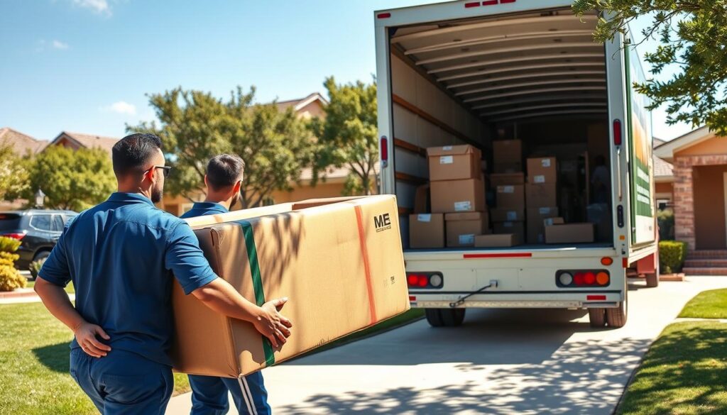 A well-organized moving scene showcasing a full-service moving company in action. In the foreground, two professional movers, dressed in blue uniforms with company logos, are gently carrying a large, boxed sofa down a sunny driveway. The middle layer features a moving truck with the company branding parked nearby, open and filled with neatly packed boxes and furniture. In the background, a suburban neighborhood in Austin with lush greenery and charming homes creates a welcoming atmosphere. The lighting is bright and cheerful, emulating a warm afternoon glow. The angle captures the teamwork and effort involved in moving, conveying a sense of reliability and professionalism, perfect for illustrating tailored full-service moving solutions.