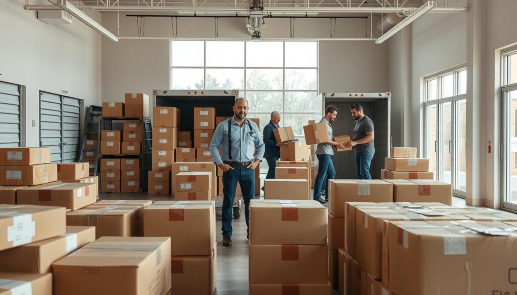 A well-organized moving storage facility, showcasing a spacious, bright indoor space filled with neatly stacked boxes and labeled moving containers in the foreground. In the middle, professional movers in modest casual attire are efficiently packing items into storage units, demonstrating teamwork and care. The background features large, clear windows allowing natural light to flood the room, creating an inviting atmosphere. The lighting should be warm and soft, emphasizing the organized chaos of moving, with a focus on the professionalism of the movers. The overall mood is energetic and focused, highlighting the comprehensive services tailored to ensure a smooth transition for customers.