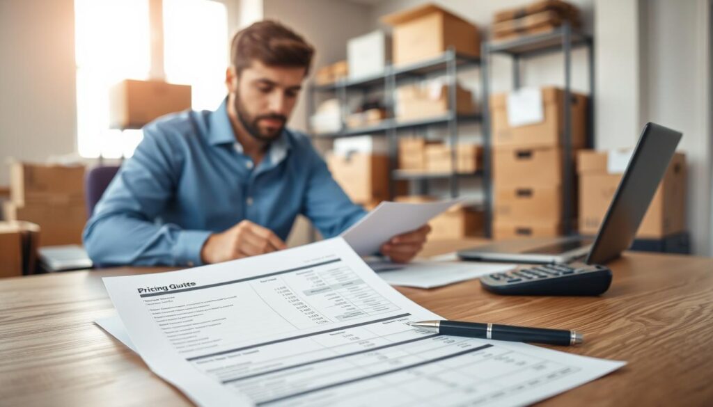 A well-organized office setting, focusing on a stylish wooden desk in the foreground adorned with a comprehensive pricing quote sheet with bullet points and numerical values. A calculator and a pen lie nearby, suggesting careful consideration. In the middle ground, a professional-looking individual, dressed in a crisp blue button-up shirt, analyzes documents with a thoughtful expression, embodying reliability and expertise. The background features a bright, inviting office atmosphere with a glowing light from a window and shelves filled with moving boxes and logistics materials, fostering a sense of trust. Soft natural lighting bathes the scene, creating a warm, welcoming mood that highlights professionalism and clarity in the moving service industry. A well-organized office setting, focusing on a stylish wooden desk in the foreground adorned with a comprehensive pricing quote sheet with bullet points and numerical values. A calculator and a pen lie nearby, suggesting careful consideration. In the middle ground, a professional-looking individual, dressed in a crisp blue button-up shirt, analyzes documents with a thoughtful expression, embodying reliability and expertise. The background features a bright, inviting office atmosphere with a glowing light from a window and shelves filled with moving boxes and logistics materials, fostering a sense of trust. Soft natural lighting bathes the scene, creating a warm, welcoming mood that highlights professionalism and clarity in the moving service industry.