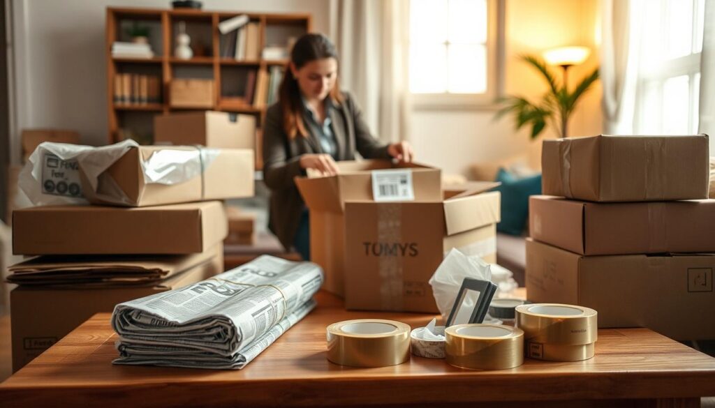 A well-organized packing scene set in a cozy, well-lit living room. In the foreground, a wooden table is covered with neatly stacked cardboard boxes, bubble wrap, and packing tape. A few small household items, like a lamp and picture frames, are being carefully wrapped in newspaper. In the middle ground, a professional-looking person in modest casual clothing is focused on methodically packing a box, ensuring everything is secure. In the background, soft lighting from a nearby window casts a warm glow, highlighting the organized chaos of the packing process. The atmosphere is calm and productive, conveying the ease of preparing for a move. The overall composition captures the essence of packing options and supplies, emphasizing preparation and efficiency. A well-organized packing scene set in a cozy, well-lit living room. In the foreground, a wooden table is covered with neatly stacked cardboard boxes, bubble wrap, and packing tape. A few small household items, like a lamp and picture frames, are being carefully wrapped in newspaper. In the middle ground, a professional-looking person in modest casual clothing is focused on methodically packing a box, ensuring everything is secure. In the background, soft lighting from a nearby window casts a warm glow, highlighting the organized chaos of the packing process. The atmosphere is calm and productive, conveying the ease of preparing for a move. The overall composition captures the essence of packing options and supplies, emphasizing preparation and efficiency.