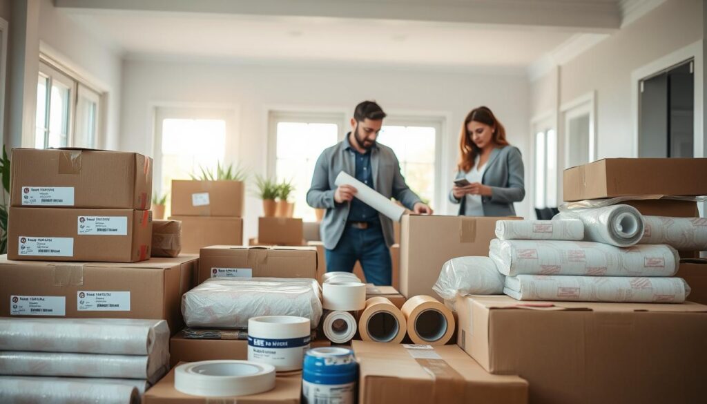 A well-organized packing station showcasing an array of full-service packing materials. In the foreground, neatly arranged boxes of various sizes, bubble wrap, packing tape, and stretch film, all labeled and displayed with care. In the middle ground, a team of two professional movers in smart casual attire is preparing materials for a residential move, with one person rolling bubble wrap while the other seals a box. The background features a bright, spacious room illuminated by soft natural light streaming through a large window, hinting at a suburban home. A few potted plants can be seen, adding a touch of warmth and homeliness to the scene. The atmosphere is inviting and professional, portraying a smooth and efficient packing process.