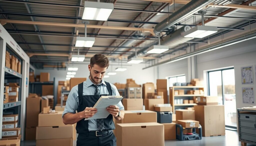 A well-organized storage facility interior, showcasing a variety of storage units filled with neatly stacked boxes and furniture. In the foreground, a professional mover, dressed in a smart uniform, is carefully labeling boxes with a checklist, conveying an air of efficiency. The middle ground features various storage units, some partially open to reveal their contents, illuminated by bright, soft ceiling lights that enhance the ambiance. In the background, there’s a management office with shelves of supplies and maps, suggesting careful planning for flexible scheduling. The overall atmosphere is calm and organized, highlighting security and reliability, with natural light filtering through large windows, creating a welcoming and dependable space for residential moving needs.