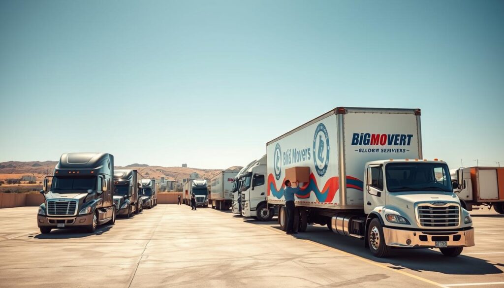 A wide shot of modern trucks parked in a bright, bustling loading area, symbolizing long-distance movers in San Angelo. In the foreground, a sleek, professionally branded moving truck is prominently displayed, showcasing vivid graphics of the company logo. In the middle ground, additional trucks are lined up, with movers in business attire loading a truck, conveying professionalism and teamwork. The background features a clear blue sky, typical of Texas, with the iconic San Angelo landscape visible, including soft, rolling hills and distant buildings. The scene is well-lit, with natural sunlight casting soft shadows. The atmosphere is energetic and focused, encapsulating the spirit of efficient, professional long-distance moving.