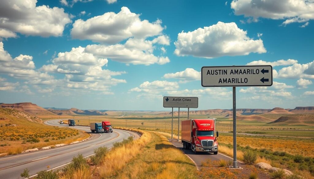 Aerial view of a winding Texas highway stretching across the landscape, with a diverse backdrop of rolling hills and scattered wildflowers. In the foreground, a convoy of moving trucks in vibrant colors, symbolizing the Austin to Amarillo moving service, positioned strategically along the roadside. The middle ground shows a signpost with directional arrows pointing toward major Texas cities like Austin, Amarillo, and others, under a bright blue sky dotted with fluffy white clouds. The lighting is warm and golden, suggesting a late afternoon sun that casts soft shadows on the ground. The atmosphere is dynamic and inviting, evoking a sense of adventure and exploration through the heart of Texas. Aerial view of a winding Texas highway stretching across the landscape, with a diverse backdrop of rolling hills and scattered wildflowers. In the foreground, a convoy of moving trucks in vibrant colors, symbolizing the Austin to Amarillo moving service, positioned strategically along the roadside. The middle ground shows a signpost with directional arrows pointing toward major Texas cities like Austin, Amarillo, and others, under a bright blue sky dotted with fluffy white clouds. The lighting is warm and golden, suggesting a late afternoon sun that casts soft shadows on the ground. The atmosphere is dynamic and inviting, evoking a sense of adventure and exploration through the heart of Texas.