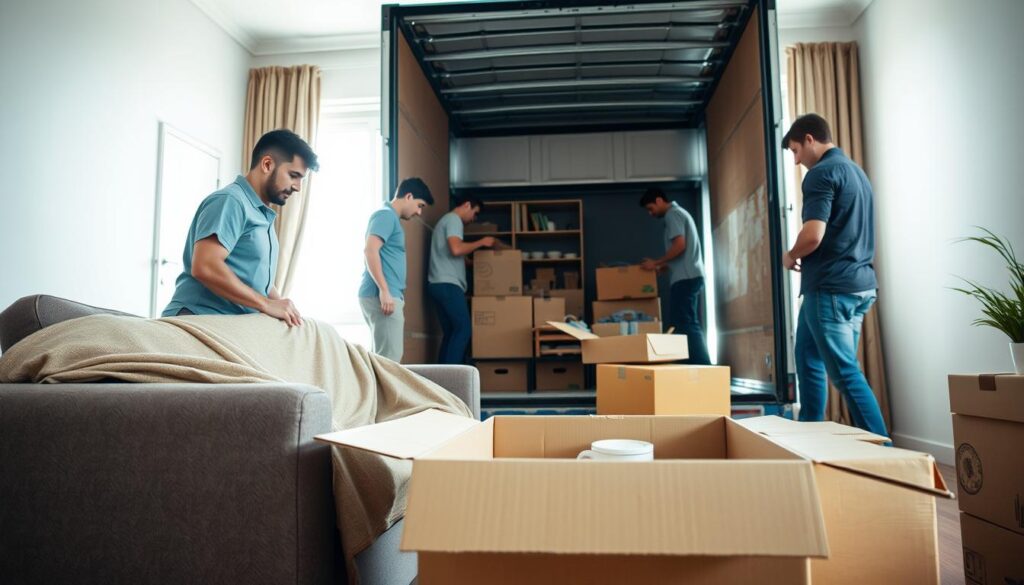 In a brightly lit apartment, a team of professional movers in casual attire are carefully packing and loading various items into a moving truck. The foreground features a sofa being wrapped in protective fabric, while a large cardboard box sits open, revealing packed kitchenware. In the middle ground, a wooden coffee table and a stack of moving boxes await loading. The background shows a bright window with daylight shining through, illuminating the scene and creating a warm atmosphere. The overall mood conveys a sense of organized chaos and teamwork while ensuring special care for the items being moved. The angle captures the depth of the room, highlighting the meticulous effort and attention to detail involved in the process.