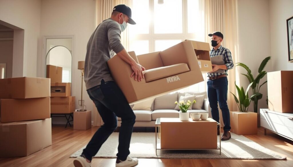 Movers moving various items in a bright, modern apartment setting. In the foreground, two professional movers, dressed in smart casual attire, are carefully lifting a sofa and a stack of boxes. The middle ground features a spacious living room with partially unpacked items, like a coffee table and decorative plants, giving a sense of transition. In the background, large windows allow warm sunlight to filter in, creating a welcoming atmosphere. The angle is slightly elevated, capturing the action and the environment. The overall mood is dynamic yet organized, reflecting the efficiency of the moving process as they prepare for a seamless relocation from Austin to Gonzales. Movers moving various items in a bright, modern apartment setting. In the foreground, two professional movers, dressed in smart casual attire, are carefully lifting a sofa and a stack of boxes. The middle ground features a spacious living room with partially unpacked items, like a coffee table and decorative plants, giving a sense of transition. In the background, large windows allow warm sunlight to filter in, creating a welcoming atmosphere. The angle is slightly elevated, capturing the action and the environment. The overall mood is dynamic yet organized, reflecting the efficiency of the moving process as they prepare for a seamless relocation from Austin to Gonzales.