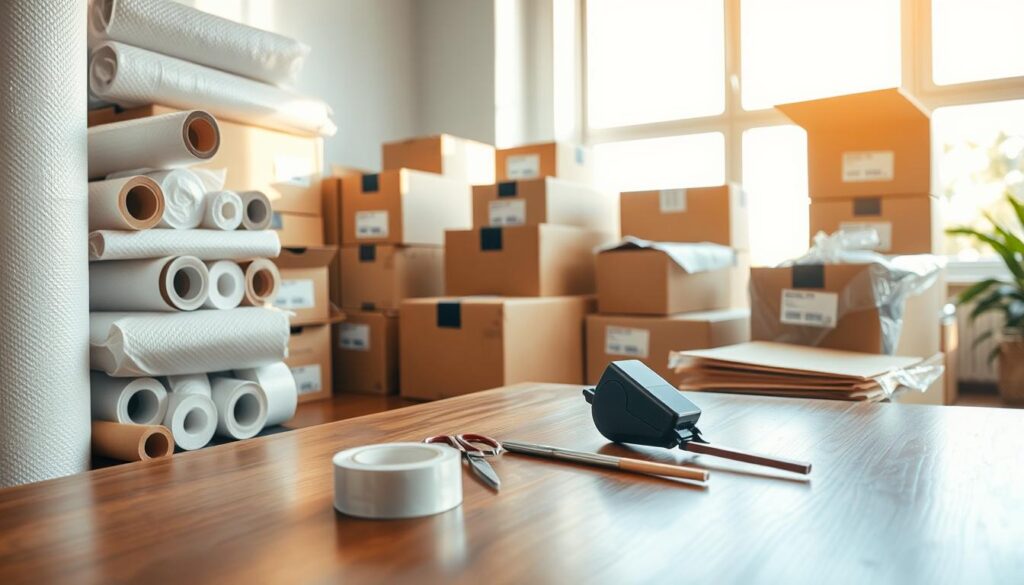 Packing materials are arranged in a well-lit, organized workspace. In the foreground, there are rolls of bubble wrap, brown kraft paper, and sturdy cardboard boxes, all neatly stacked and labeled for easy identification. In the middle, a set of packing tape dispensers and scissors rest on a polished wooden table, emphasizing the tools of the moving trade. In the background, soft natural light streams through a large window, casting gentle shadows that create a warm, inviting atmosphere. The overall mood is professional and efficient, reflecting a reliable moving service ready for any relocation challenge. Capture this scene with a focus on detail, using a wide-angle lens to encompass the entire workspace. Packing materials are arranged in a well-lit, organized workspace. In the foreground, there are rolls of bubble wrap, brown kraft paper, and sturdy cardboard boxes, all neatly stacked and labeled for easy identification. In the middle, a set of packing tape dispensers and scissors rest on a polished wooden table, emphasizing the tools of the moving trade. In the background, soft natural light streams through a large window, casting gentle shadows that create a warm, inviting atmosphere. The overall mood is professional and efficient, reflecting a reliable moving service ready for any relocation challenge. Capture this scene with a focus on detail, using a wide-angle lens to encompass the entire workspace.